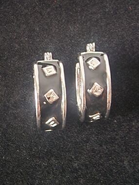 Auth Givenchy Black and Silver Enamel Hoop Earrings